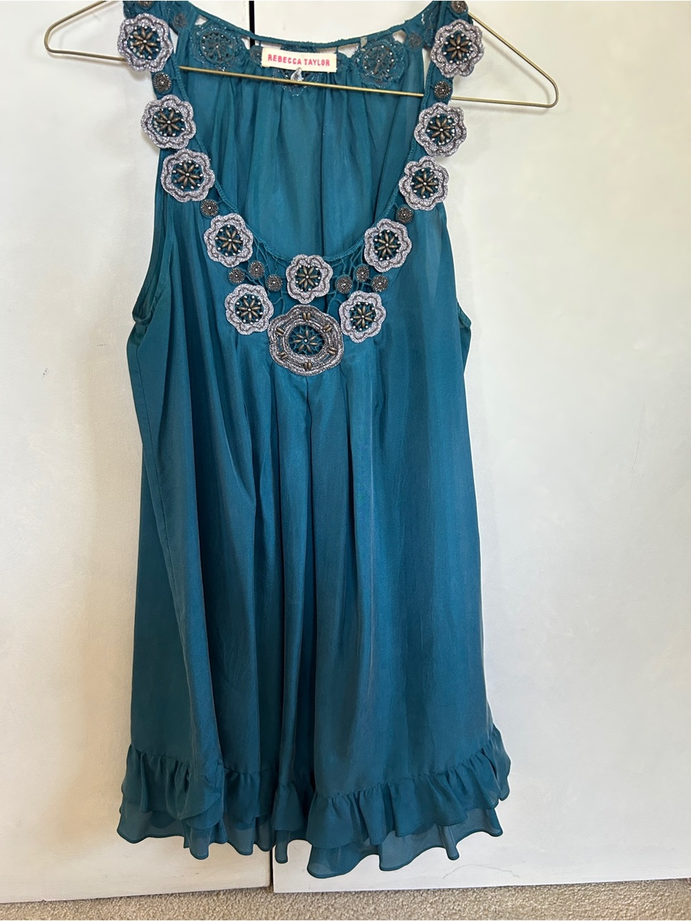 Rebecca Taylor Teal Floral-Trim Sleeveless Silk Tank